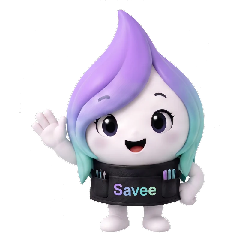 Savee — maskotka ColorSave, uśmiechnięta kropla farby z fioletowo-turkusowymi włosami, macha na powitanie